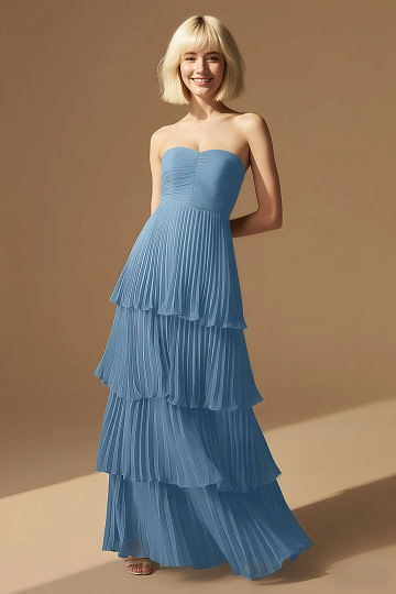 Akaks Veda Steel Blue Dress for Wedding Guest A-Line Strapless Sweetheart Neckline Floor Length Chiffon Dress with Tiered Ruffle Image714597
