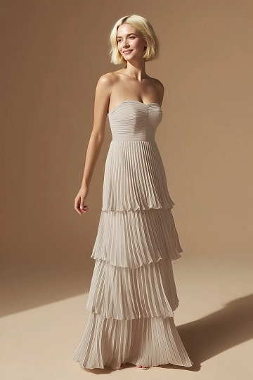 Akaks Veda Taupe Wedding Guest Dress A-Line Strapless Sweetheart Neckline Floor Length Chiffon Dress with Tiered Ruffle Image143004