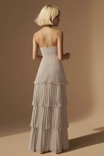 Akaks Veda Taupe Wedding Guest Dress A-Line Strapless Sweetheart Neckline Floor Length Chiffon Dress with Tiered Ruffle Image943276