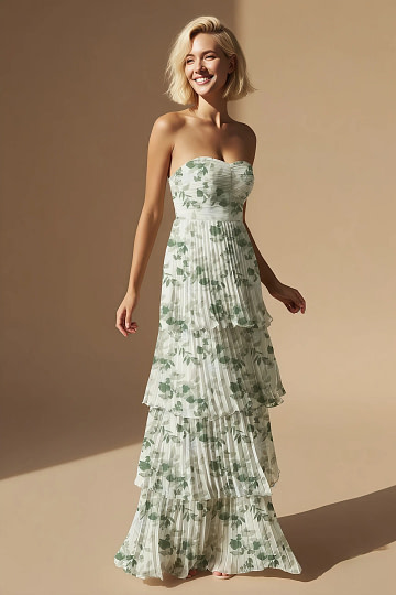 Akaks Veda Tea Green Floral Wedding Guest Dress A-Line Strapless Sweetheart Neckline Floor Length Chiffon Dress with Tiered Ruffle Image728379