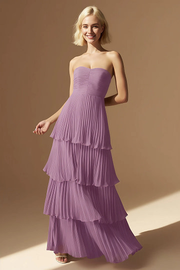 Akaks Veda Thistle Wedding Guest Dress A-Line Strapless Sweetheart Neckline Floor Length Chiffon Dress with Tiered Ruffle Image641380