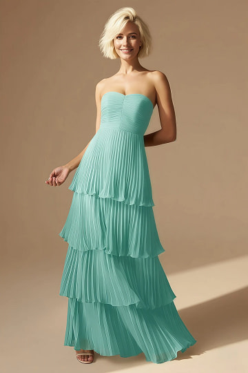 Akaks Veda Tiffany Blue Wedding Guest Dress A-Line Strapless Sweetheart Neckline Floor Length Chiffon Dress with Tiered Ruffle Image281432