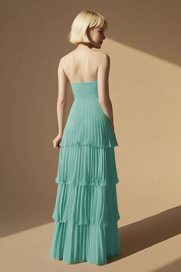 Akaks Veda Tiffany Blue Wedding Guest Dress A-Line Strapless Sweetheart Neckline Floor Length Chiffon Dress with Tiered Ruffle Image819555