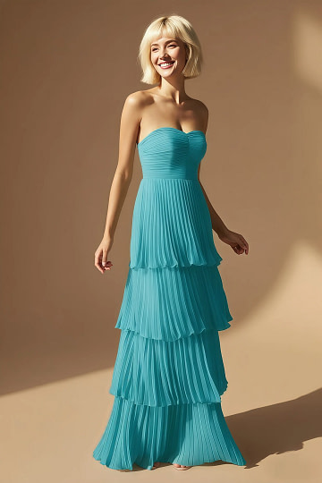 Akaks Veda Turquoise Wedding Guest Dress A-Line Strapless Sweetheart Neckline Floor Length Chiffon Dress with Tiered Ruffle Image885269