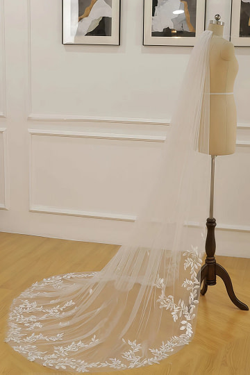 Akaks White Bree Lace Cathedral Wedding Veil with Delicate Lace and Leaf Embellishments Image254575