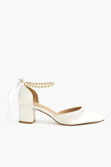 Akaks White Satin Calla Block Heel Pumps with Pearls and a Bow Image111988