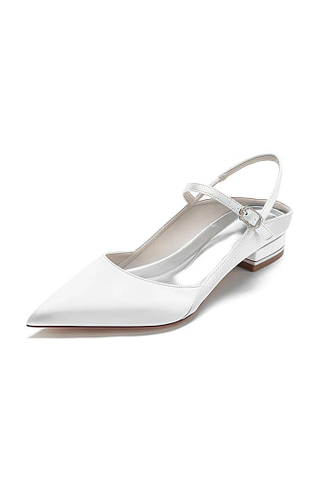 Akaks White Satin Pointed Toe Blynn Flats with a Buckle Image785144