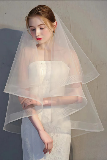 Akaks White Two Tier Lior Tulle Wedding Veils with Chapel Length Image169596