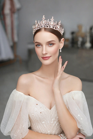 Akaks Isolde Rose Gold Metal Frame With White Crystal Vintage Gala Pearl Crown For Wedding Image717678