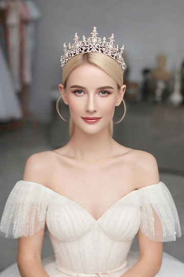 Akaks Isolde Rose Gold Metal Frame With White Crystal Vintage Gala Pearl Crown For Wedding Image991000