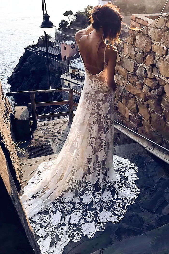 Isabel | Exquisite Mermaid Backless White Lace Wedding Dress With Sweep Train - White - Promdressclub