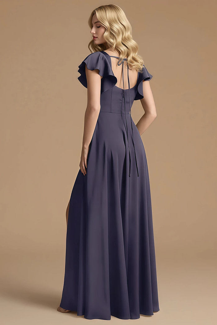 Akaks Powerful Stormy Blue Bridesmaid Dresses Satin A-Line Square Neck Floor Length Short Sleeve Bow Image386661