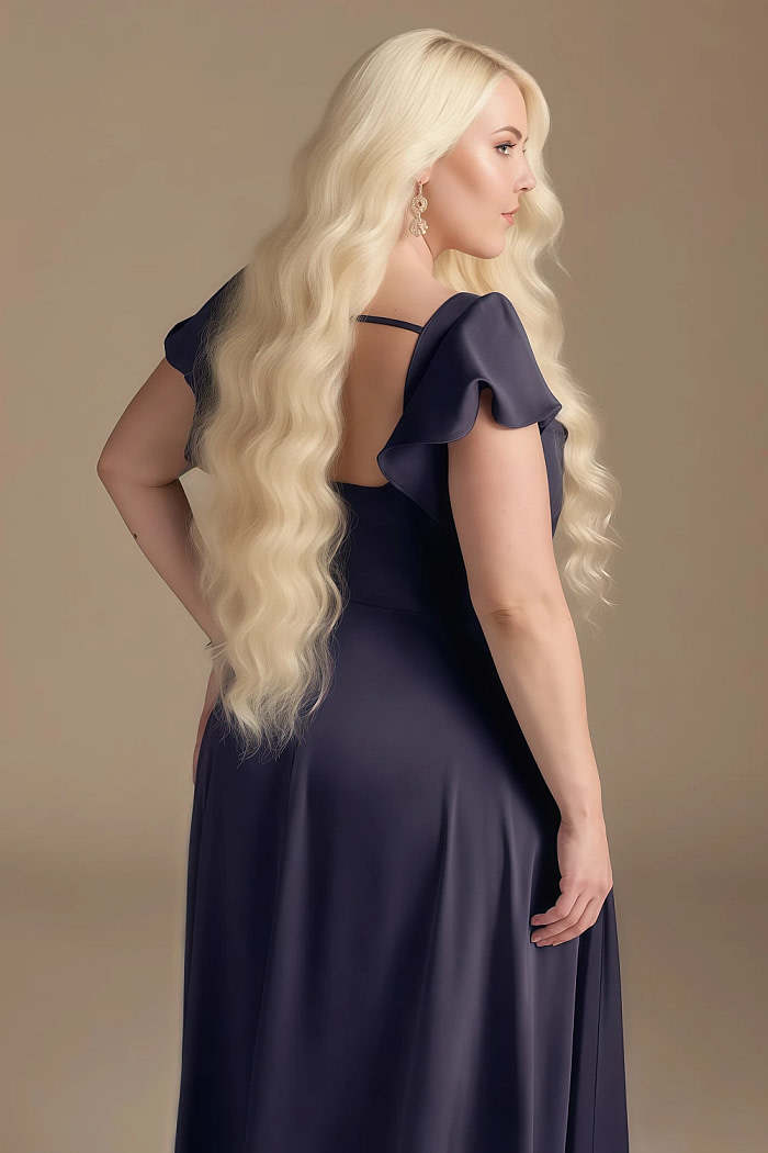 Akaks Powerful Stormy Blue Bridesmaid Dresses Satin A-Line Square Neck Floor Length Short Sleeve Bow Image386661