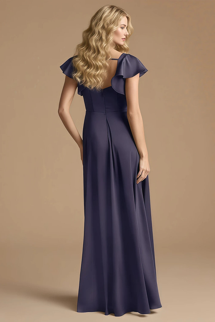 Akaks Powerful Stormy Blue Bridesmaid Dresses Satin A-Line Square Neck Floor Length Short Sleeve Bow Image386661