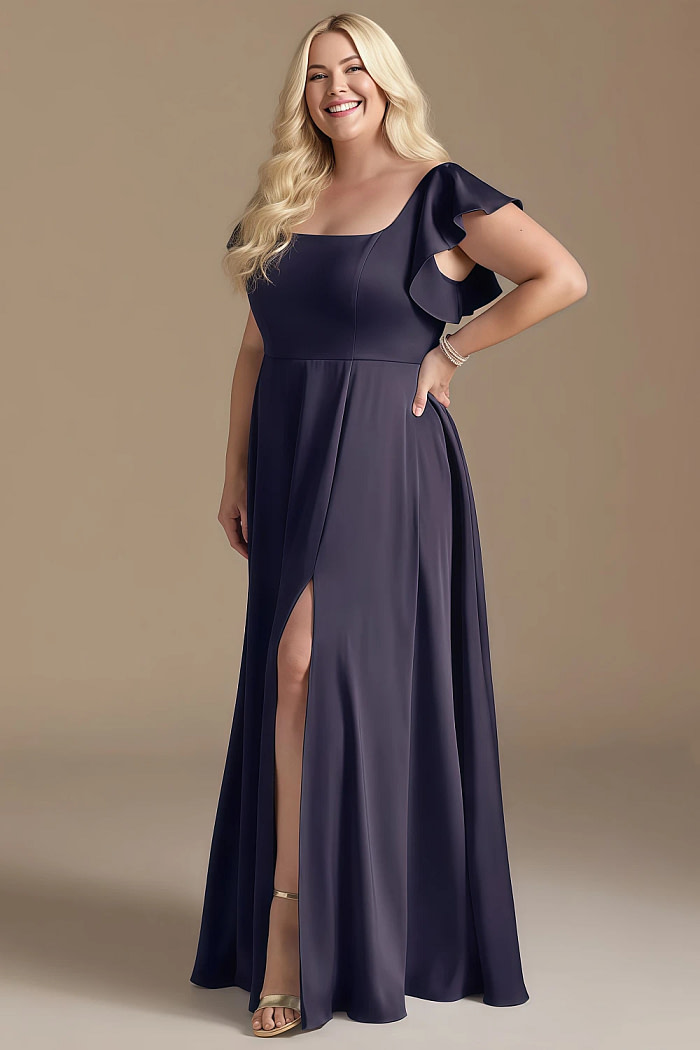 Akaks Powerful Stormy Blue Bridesmaid Dresses Satin A-Line Square Neck Floor Length Short Sleeve Bow Image386661