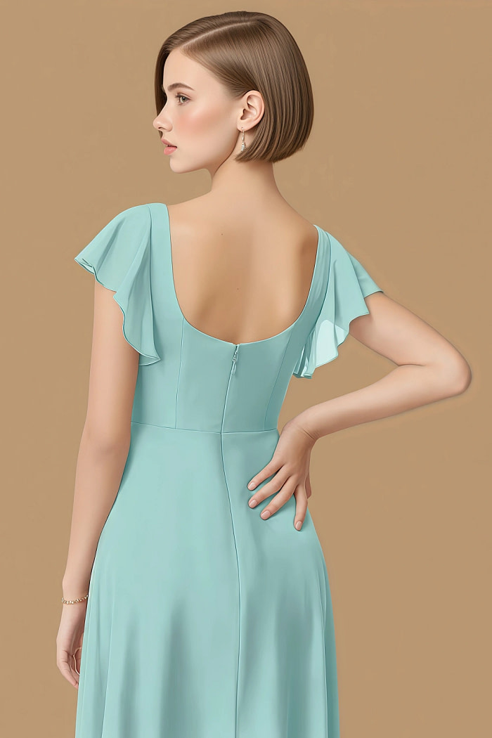 Exclusivity Aqua Bridesmaid Dresses A Line Square Neck In Chiffon With Cap Sleeved Ruffled And Slits Image161725