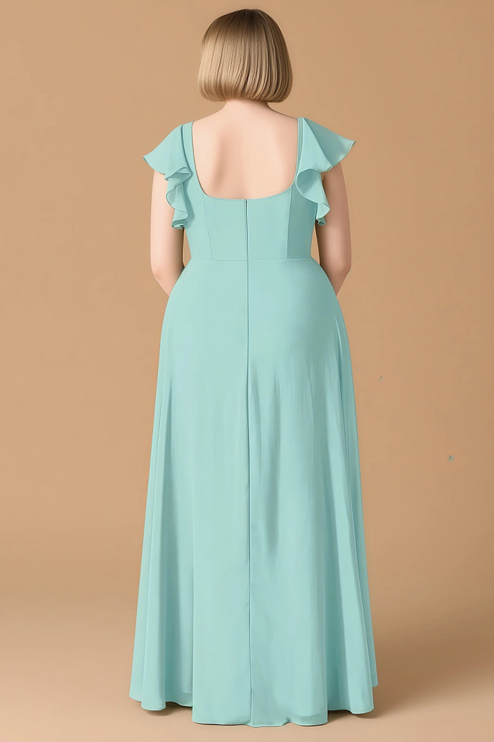 Exclusivity Aqua Bridesmaid Dresses A Line Square Neck In Chiffon With Cap Sleeved Ruffled And Slits Image378173