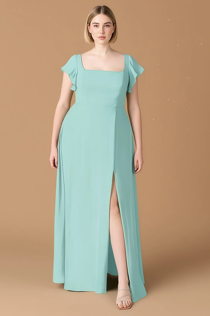 Exclusivity Aqua Bridesmaid Dresses A Line Square Neck In Chiffon With Cap Sleeved Ruffled And Slits Image504120