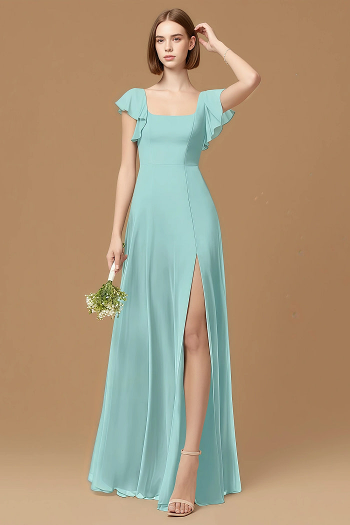 Exclusivity Aqua Bridesmaid Dresses A Line Square Neck In Chiffon With Cap Sleeved Ruffled And Slits Image907328