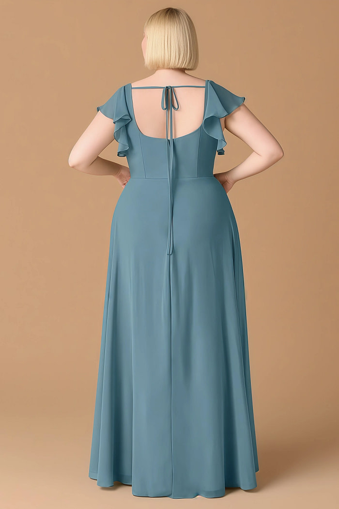Exclusivity Bermuda Blue Bridesmaid Dresses A Line Square Neck In Chiffon With Cap Sleeved Ruffled And Slits Image500040
