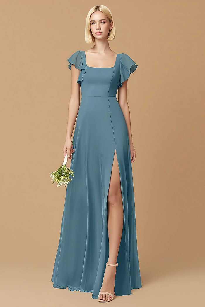 Exclusivity Bermuda Blue Bridesmaid Dresses A Line Square Neck In Chiffon With Cap Sleeved Ruffled And Slits Image550538