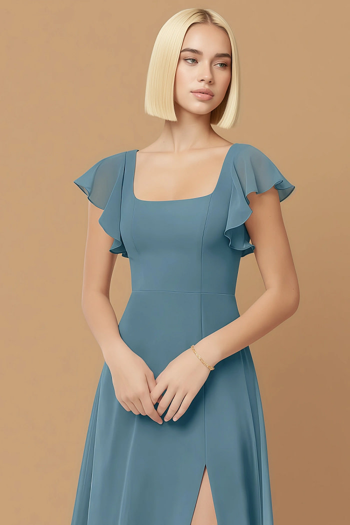 Exclusivity Bermuda Blue Bridesmaid Dresses A Line Square Neck In Chiffon With Cap Sleeved Ruffled And Slits Image826470