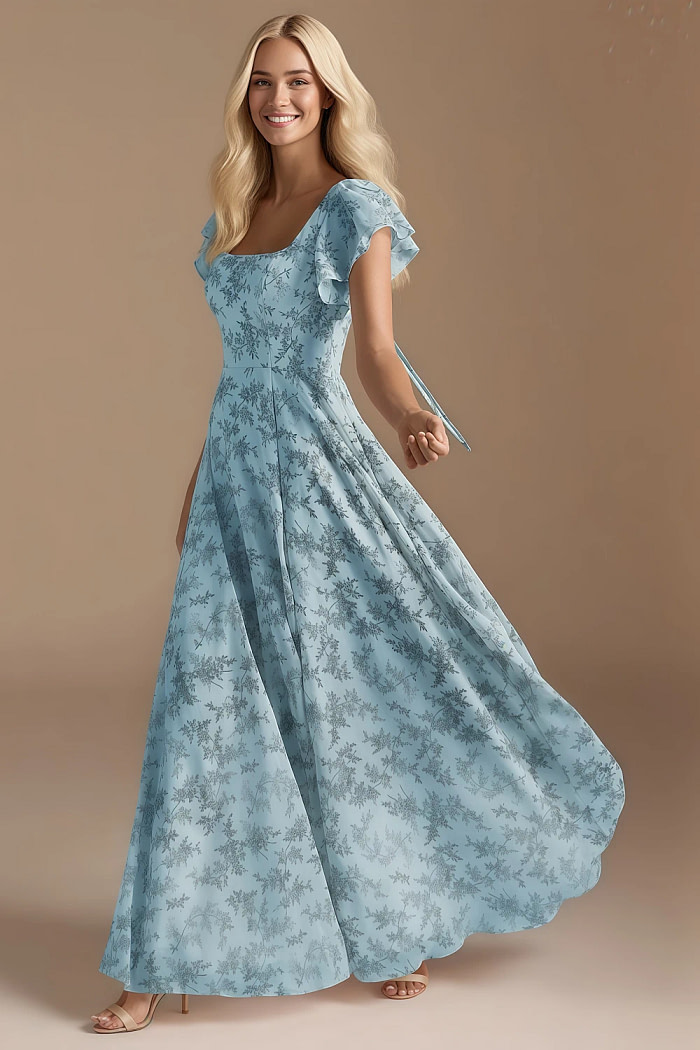 Exclusivity Blue Floral Bridesmaid Dresses A Line Square Neck In Chiffon With Cap Sleeved Ruffled And Slits Image178983 - Akaks