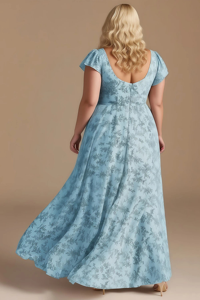 Exclusivity Blue Floral Bridesmaid Dresses A Line Square Neck In Chiffon With Cap Sleeved Ruffled And Slits Image231625 - Akaks