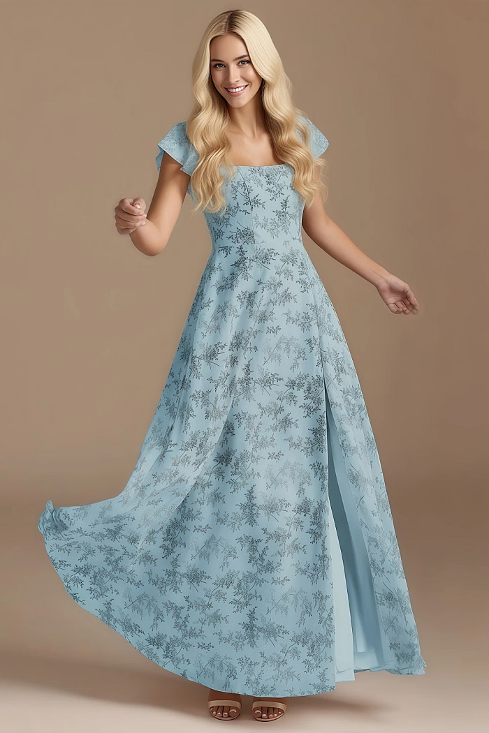 Exclusivity Blue Floral Bridesmaid Dresses A Line Square Neck In Chiffon With Cap Sleeved Ruffled And Slits Image283050 - Akaks