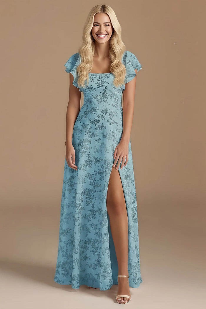 Exclusivity Blue Floral Bridesmaid Dresses A Line Square Neck In Chiffon With Cap Sleeved Ruffled And Slits Image526321 - Akaks