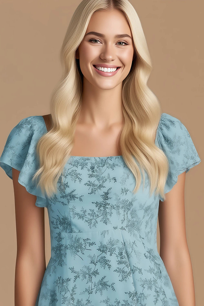 Exclusivity Blue Floral Bridesmaid Dresses A Line Square Neck In Chiffon With Cap Sleeved Ruffled And Slits Image551218 - Akaks