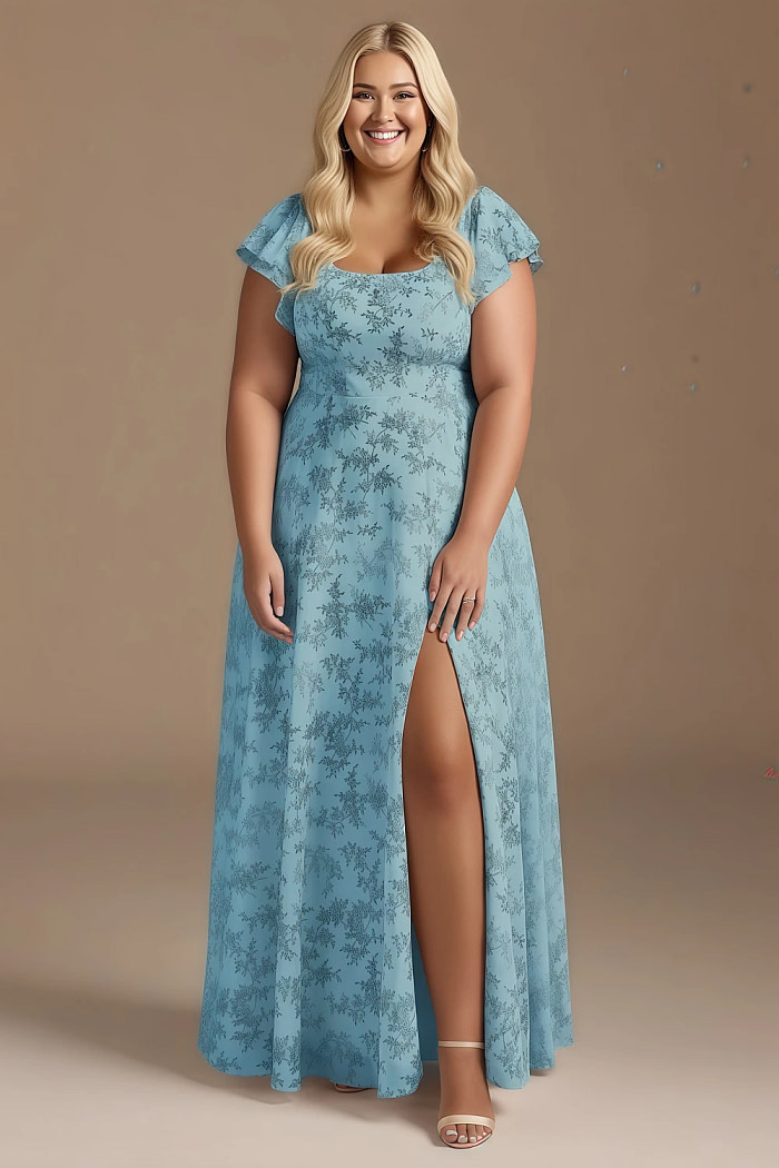 Exclusivity Blue Floral Bridesmaid Dresses A Line Square Neck In Chiffon With Cap Sleeved Ruffled And Slits Image649546 - Akaks