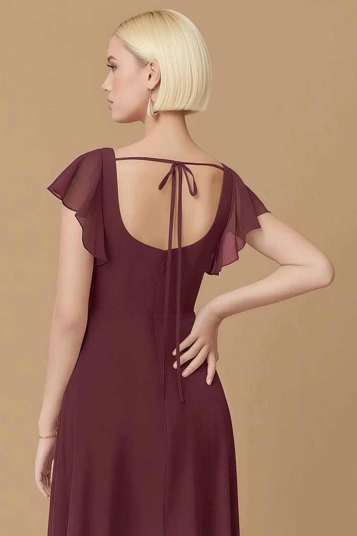 Exclusivity Cabernet Bridesmaid Dresses A Line Square Neck In Chiffon With Cap Sleeved Ruffled And Slits Image235594 - Akaks