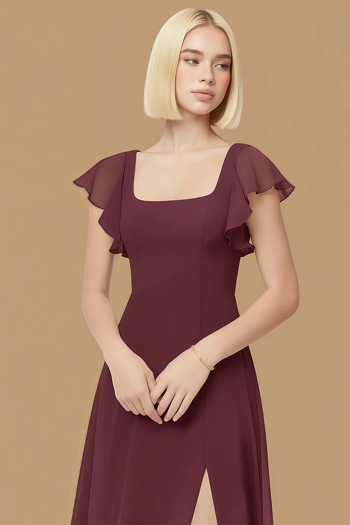 Exclusivity Cabernet Bridesmaid Dresses A Line Square Neck In Chiffon With Cap Sleeved Ruffled And Slits Image251569 - Akaks
