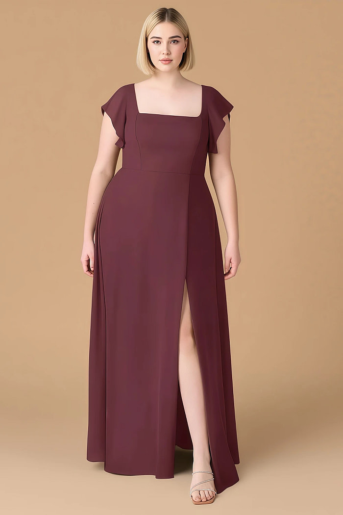 Exclusivity Cabernet Bridesmaid Dresses A Line Square Neck In Chiffon With Cap Sleeved Ruffled And Slits Image268677 - Akaks