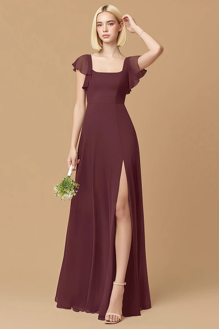 Exclusivity Cabernet Bridesmaid Dresses A Line Square Neck In Chiffon With Cap Sleeved Ruffled And Slits Image590519 - Akaks
