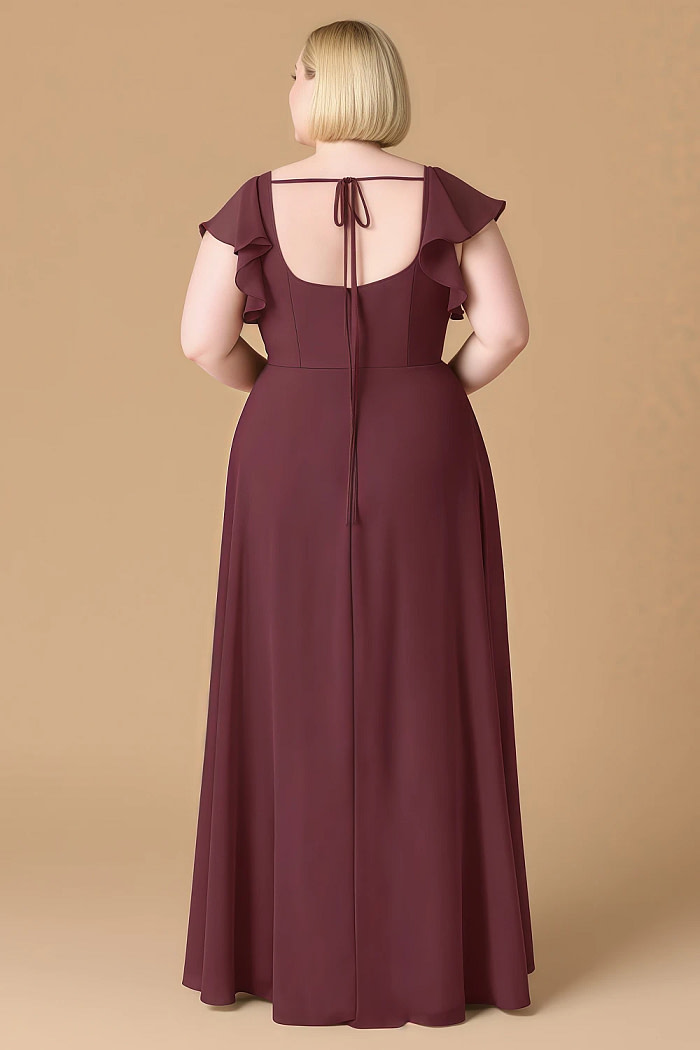 Exclusivity Cabernet Bridesmaid Dresses A Line Square Neck In Chiffon With Cap Sleeved Ruffled And Slits Image622622 - Akaks
