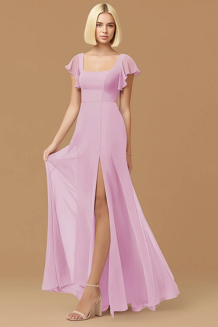 Exclusivity Candy Pink Bridesmaid Dresses A Line Square Neck In Chiffon With Cap Sleeved Ruffled And Slits Image444591 - Akaks