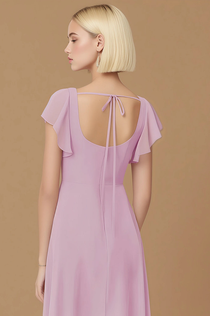 Exclusivity Candy Pink Bridesmaid Dresses A Line Square Neck In Chiffon With Cap Sleeved Ruffled And Slits Image771681 - Akaks