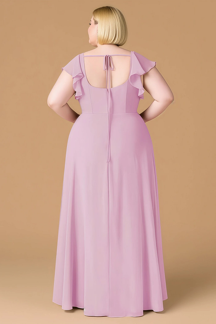 Exclusivity Candy Pink Bridesmaid Dresses A Line Square Neck In Chiffon With Cap Sleeved Ruffled And Slits Image815222 - Akaks