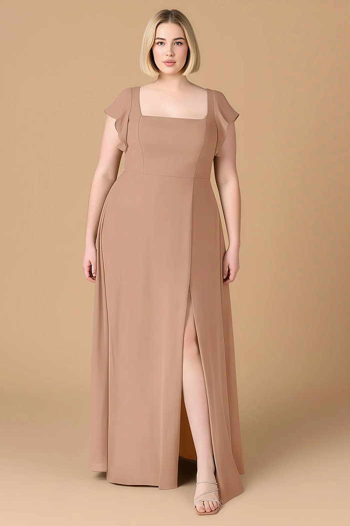 Exclusivity Champagne Rose Bridesmaid Dresses A Line Square Neck In Chiffon With Cap Sleeved Ruffled And Slits Image123596 - Akaks