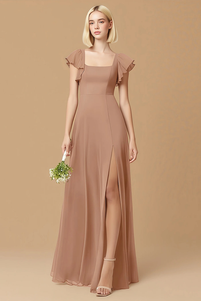 Exclusivity Champagne Rose Bridesmaid Dresses A Line Square Neck In Chiffon With Cap Sleeved Ruffled And Slits Image561280 - Akaks