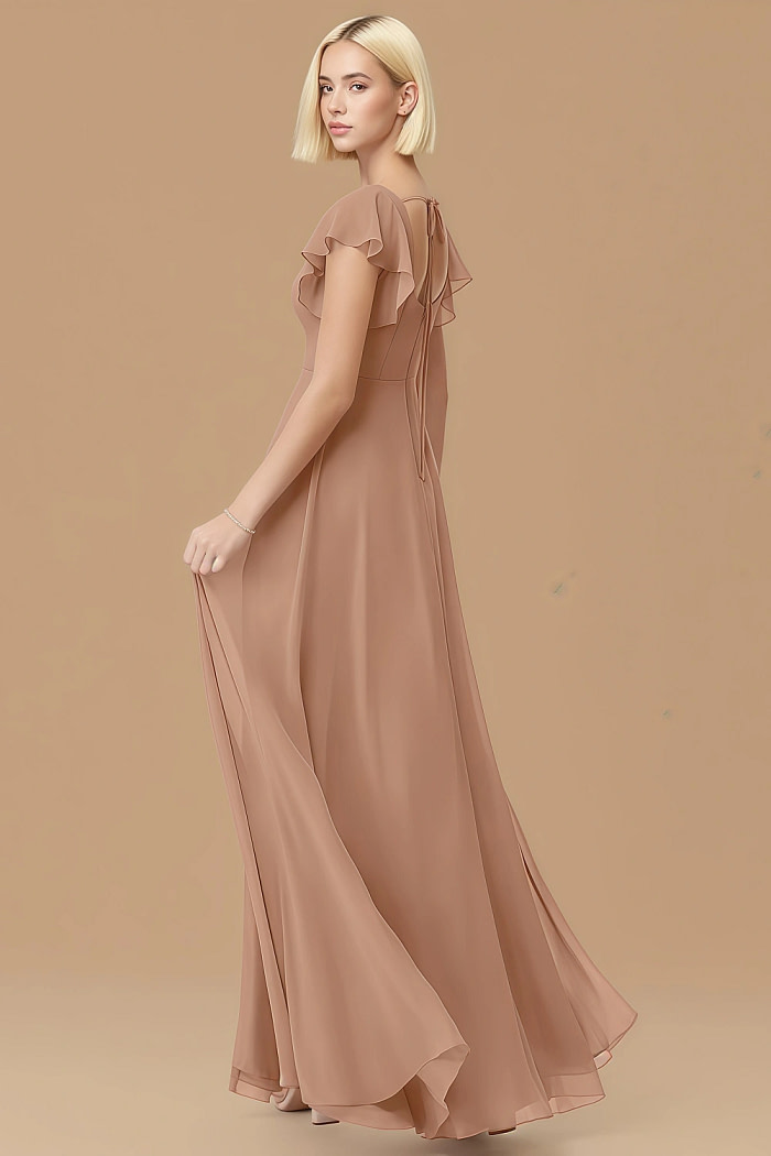 Exclusivity Champagne Rose Bridesmaid Dresses A Line Square Neck In Chiffon With Cap Sleeved Ruffled And Slits Image671400 - Akaks