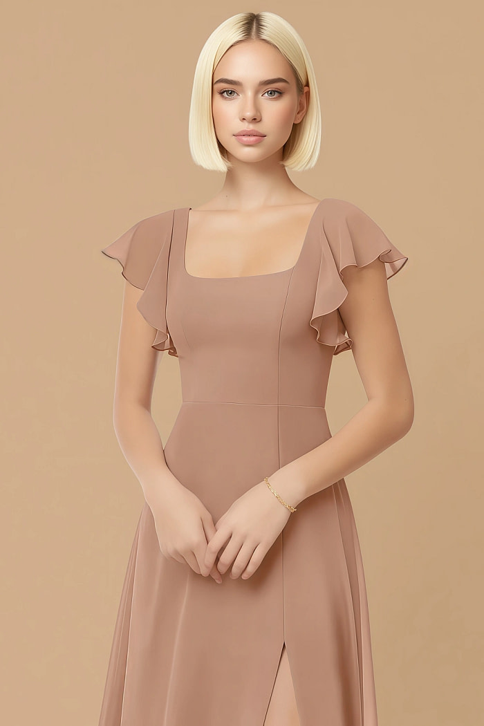 Exclusivity Champagne Rose Bridesmaid Dresses A Line Square Neck In Chiffon With Cap Sleeved Ruffled And Slits Image861905 - Akaks