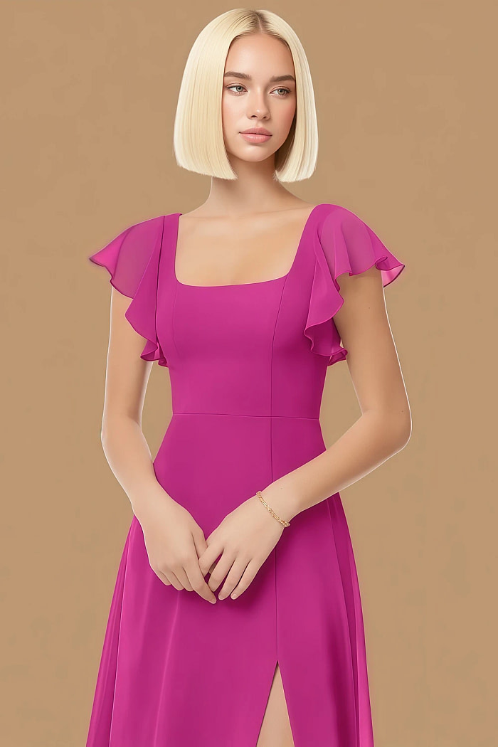 Exclusivity Fuchsia Bridesmaid Dresses A Line Square Neck In Chiffon With Cap Sleeved Ruffled And Slits Image181781 - Akaks