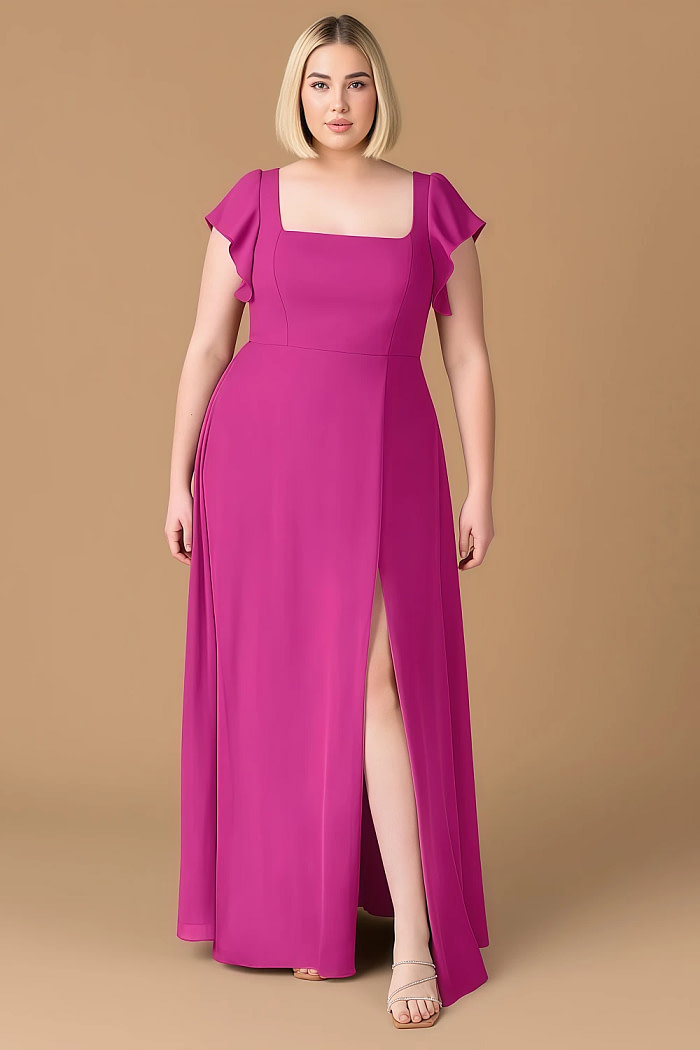 Exclusivity Fuchsia Bridesmaid Dresses A Line Square Neck In Chiffon With Cap Sleeved Ruffled And Slits Image248915 - Akaks