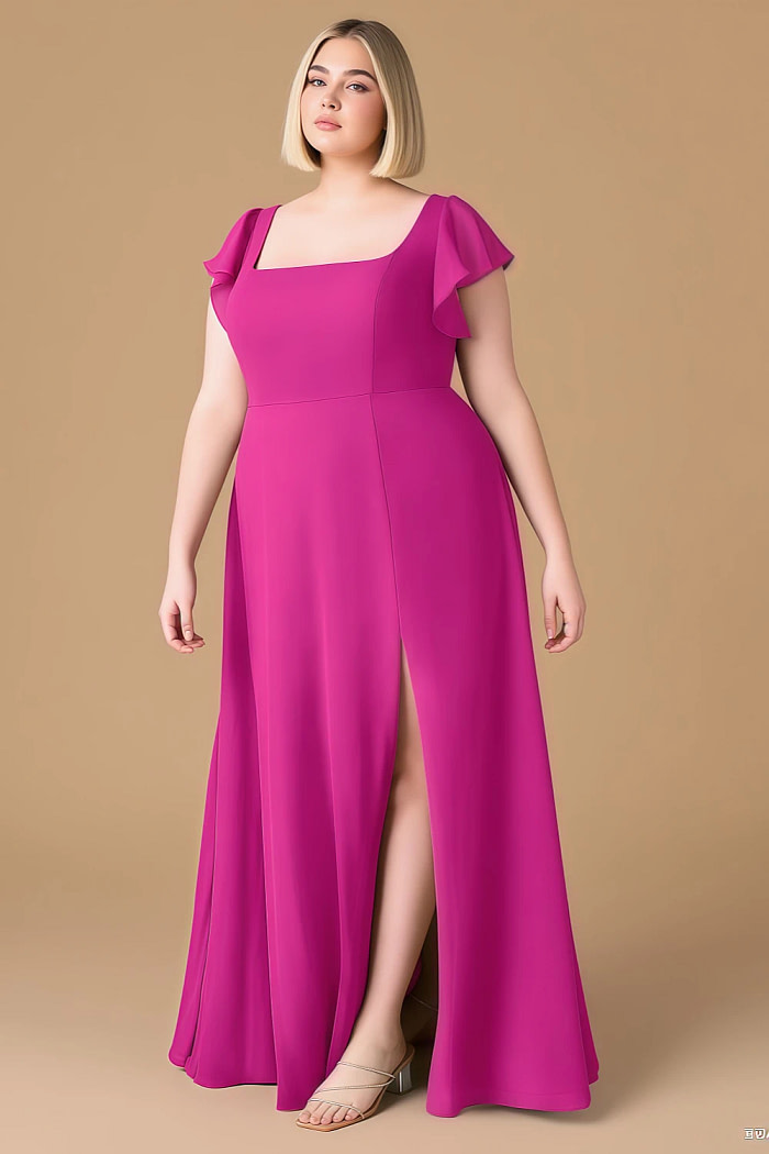 Exclusivity Fuchsia Bridesmaid Dresses A Line Square Neck In Chiffon With Cap Sleeved Ruffled And Slits Image498790 - Akaks
