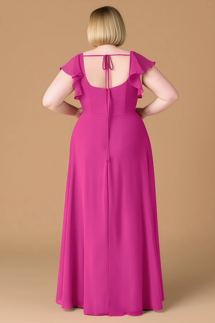 Exclusivity Fuchsia Bridesmaid Dresses A Line Square Neck In Chiffon With Cap Sleeved Ruffled And Slits Image840636 - Akaks