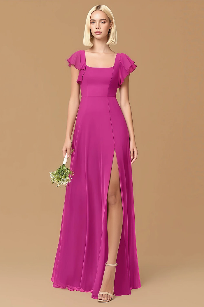 Exclusivity Fuchsia Bridesmaid Dresses A Line Square Neck In Chiffon With Cap Sleeved Ruffled And Slits Image914400 - Akaks