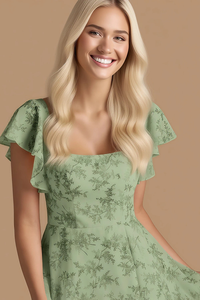 Exclusivity Green Floral Bridesmaid Dresses A Line Square Neck In Chiffon With Cap Sleeved Ruffled And Slits Image621416 - Akaks
